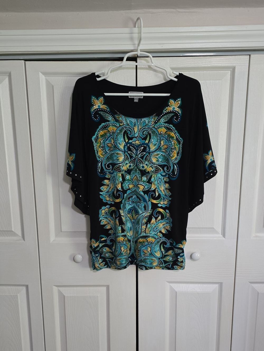 JM Collection Black Tunic with Teal & Gold Paisley Motif